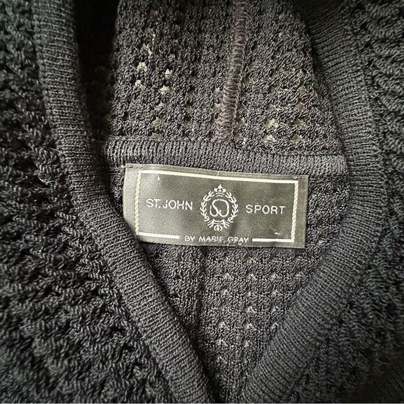 ST. JOHN Sport Black Open Waffle Knit Hooded Pullover M/L Athletic Resort Goth - Picture 12 of 12